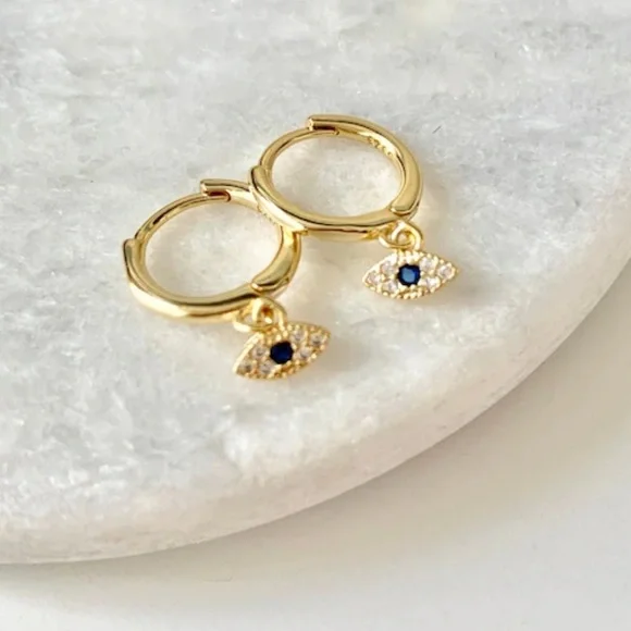 NWOT Mini Gold Evil Eye Huggie Hoops 9mm hoop earrings in gold - Picture 3 of 6